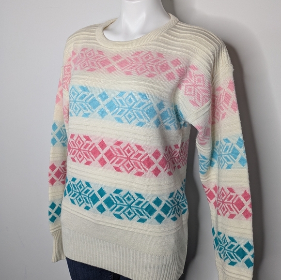 Vintage White Pink Blue Striped Snowflake Long Sleeve Wool Blend Sweater M/L - Picture 2 of 8